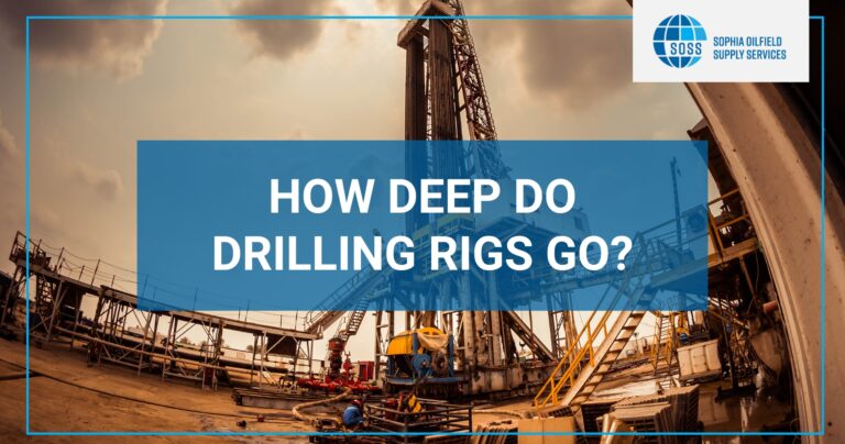 The image shows an oil drilling rig under a cloudy sky, with the main drilling structure rising vertically in the background. Workers and equipment can be seen around the base of the rig, indicating an active drilling operation. Overlaying the image is a large blue rectangle with bold white text that reads, "HOW DEEP DO DRILLING RIGS GO?" In the top right corner, the logo for "Sophia Oilfield Supply Services" is visible, featuring a globe graphic and the company's name. The image conveys a sense of industrial activity and exploration related to oilfield drilling operations.