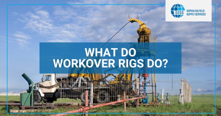 A workover rig set up in an open field under a cloudy sky. The image has a blue banner with the text "What Do Workover Rigs Do?" and the Sophia Oilfield Supply Services (SOSS) logo in the top right corner.